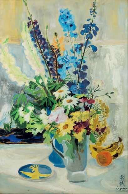 Le Pho (1907-2001) Bouquet of flowers, delphiniums and lupins in a vase. Ink, colors...