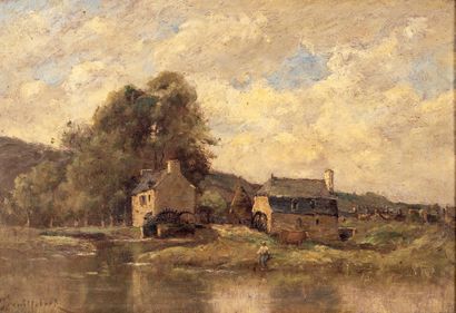Paul-Désiré TROUILLEBERT (1829-1900) Le Moulin sur la rivière. Huile sur toile. Au...