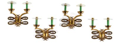 SABINO, Paris Suite of four sconces. In lacquered brass with two arms of light with...