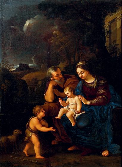 Ecole Romaine du XVIIème siècle Sainte Famille avec le petit saint Jean.
Huile sur...