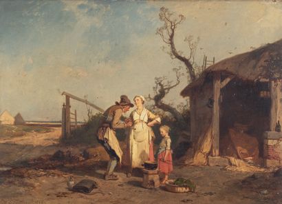 Eugène LE POITTEVIN (1806-1870) Le vétérinaire, la paysanne et sa fille devant l'étable....