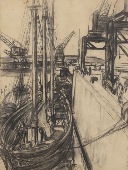 LÉON DETROY (1859-1955) Navire au port.

Fusain sur papier.

Signé en bas au centre....