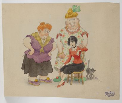 Albert DUBOUT (1905-1976) Fanny, Comfort.

Mixed media: print enhanced with watercolor...