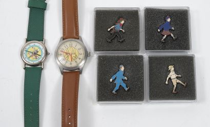 HERGE, MOULINSART Lot including :

-2 Tintin wrist watches, metal cases, quartz movements.

-4...