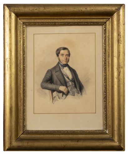 Ecole du XIXème siècle Portrait of a man with a plaid vest. 

Watercolor on paper....