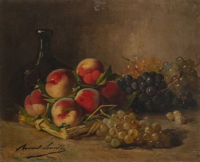 Alfred Arthur BRUNEL DE NEUVILLE (1852-1941) Bottle, peaches and grapes - Basket...