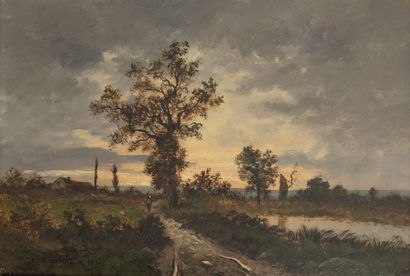 GODCHAUX (XIXème-XXème) Chemin longeant un cours d'eau, bordé de quelques arbres....