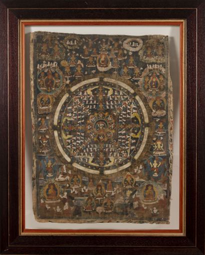 null Mandala avec divinités.

Huile ou détrempe sur tissu et rehauts dorés.

73 X...