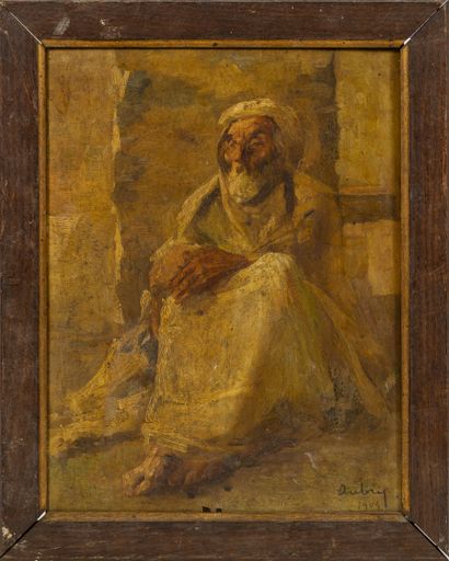 Émile AUBRY (1880-1964) Old Arab beggar, seated. 1904.

Oil on panel.

Signed and...