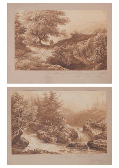 François DIDAY (1802-1877) Walkers on the road - Mountain landscape with a stream...