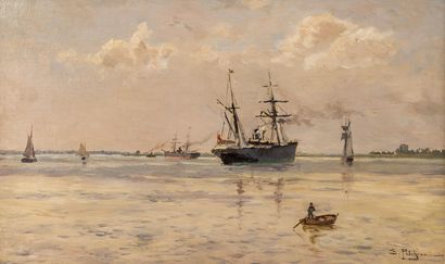 Edmond PETITJEAN (1844-1925) Bateaux près d'un phare.

Huile sur toile.

Signée en...
