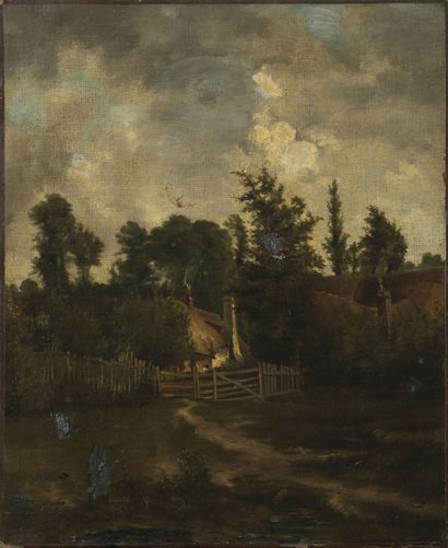 Suiveur de John CONSTABLE (1776-1837) Chaumières en campagne sous un ciel chargé.

Huile...