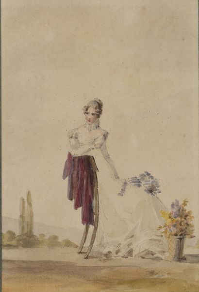ECOLE FRANCAISE DU XIXème siècle Femme assise dans un jardin.

Aquarelle.

8,7 X...