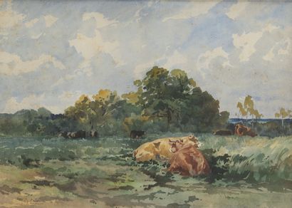Léon Georges CALVES (1848-1923) Vaches dans un pré. 
Aquarelle. 
Signée en bas à...