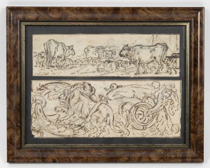 Attribués à Jean-Baptiste HUET (1745-1811) Herd of cows - Lion in a leafy interlace....