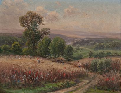 Gaston ANGLADE (1854-1919) Moisson dans un paysage vallonné.

Huile sur toile. 

Signée...