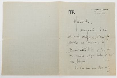 Maurice RAVEL Lettre autographe sur papier imprimé à ses initiales. 

A son adresse....
