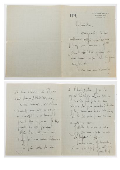 Maurice RAVEL Autograph letter on paper printed with his initials. 

To his address....