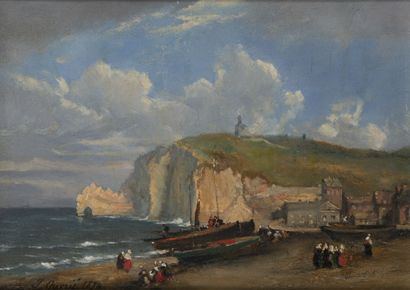 Justin Pierre OUVRIÉ (1806-1879) Animated beach at the foot of the cliff of Etretat....