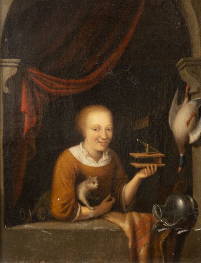 Suiveur de Gérard DOU (1613-1675) Jeune femme au chat et à la cage à oiseau.

Huile...