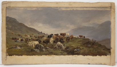 null Lot of four various sketches: 

- The herd of cows.

Oil on paper.

Inscribed...
