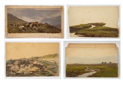 null Lot of four various sketches: 

- The herd of cows.

Oil on paper.

Inscribed...