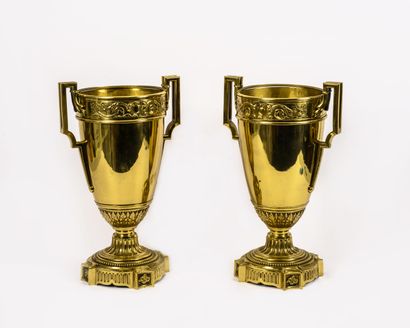Pair of gilt brass cups on pedestal, fluted,...