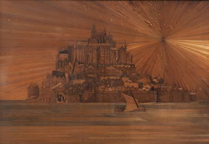 ECOLE FRANCAISE DU XIXème siècle Vue du Mont Saint Michel. 

Tableau en marqueterie...