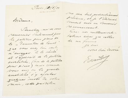 Edvard GRIEG Lettre autographe.

Ecrite à Paris au 187 rue de la Pompe le 14 mai...