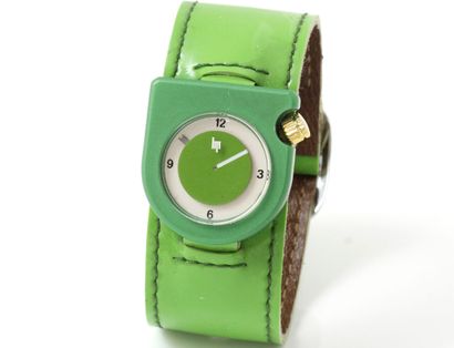 LIP Lady's wrist watch in anodized alloy.

Stylized case.

Silvered dial with Arabic...