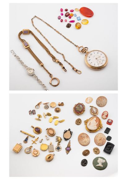 null Lot of costume jewelry including a wristwatch, a pocket watch, two watch chains,...