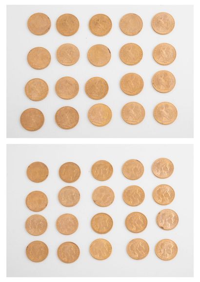 France Lot de vingt pièces de 20 francs or, 1908 (x4), 1909 (x6), 1910, 1911 (x4),...
