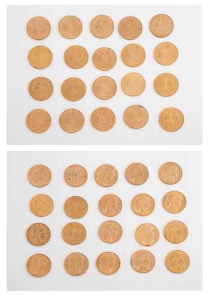 France Lot de vingt pièces de 20 francs or, 1904, 1905, 1906, 1907 (x2), 1908, 1909...