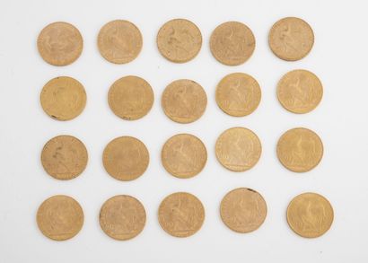 France Lot de vingt pièces de 20 francs or, 1904, 1905, 1906, 1907 (x2), 1908, 1909...