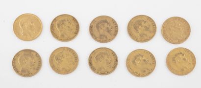 France Lot de dix pièces de 20 francs or.

Paris : 1853, 1857 (x3), 1859 (x2), 1862,...