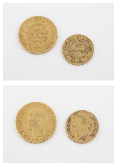 France Lot de pièces en or :

- une de 40 Francs, 1806, Paris.

- une de 20 Francs,...