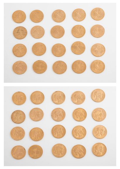 France Lot de vingt pièces de 20 francs or, 1900, 1908 (x3), 1907, 1909 (x5) , 1910,...