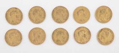 FRANCE ou ITALIE Lot de pièces comprenant : 

- Neuf pièces de 20 francs or, Paris,...
