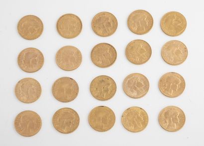 France Lot de vingt pièces de 20 francs or, 1904, 21905 (x2), 1907, 1908, 1909 (x6),...