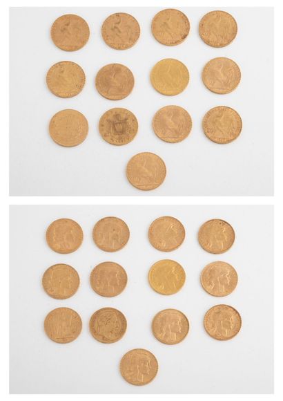 France Lot de treize pièces de 20 francs or,1862 ,1875, Paris,1901, 1905 (X2),1906...