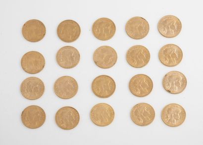 France Lot de vingt pièces de 20 francs or, 1908 (x4), 1909 (x6), 1910, 1911 (x4),...