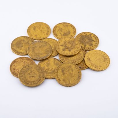 France Lot de quatorze pièces de 20 francs or, Napoléon III lauré et tête nue. 

Paris...