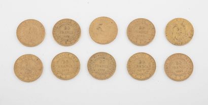 France Lot de dix pièces de 20 Francs or, 1851, 1877, 1878 (x3), 1893, 1898, 1896,...