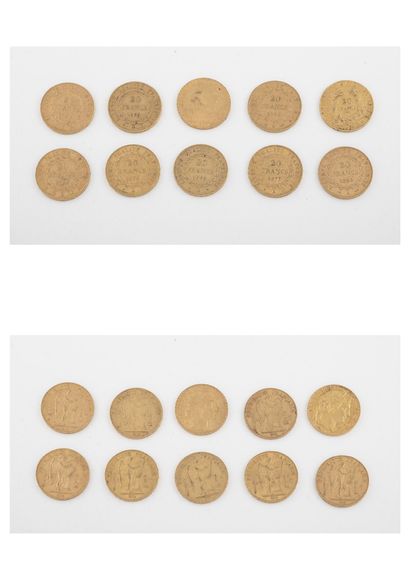 France Lot de dix pièces de 20 Francs or, 1851, 1877, 1878 (x3), 1893, 1898, 1896,...