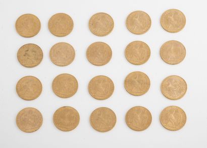 France Lot de vingt pièces de 20 francs or, 1900, 1908 (x3), 1907, 1909 (x5) , 1910,...
