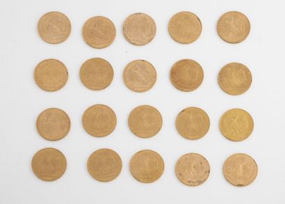 France Lot de vingt pièces de 20 francs or.

1908 - 1909 (x7) - 1911 (x4) - 1912...