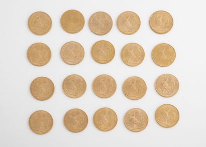 France Lot de vingt pièces de 20 francs or, 1906, 1907, 1908 (x3), 1909, 1910, 1911...