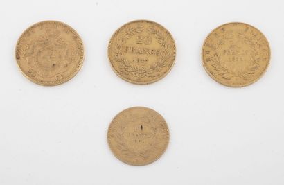 FRANCE ou Belgique Lot de pièces comprenant : 

- Deux pièces de 20 francs or, 1847...