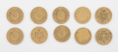 FRANCE ou ITALIE Lot de pièces comprenant : 

- Neuf pièces de 20 francs or, Paris,...