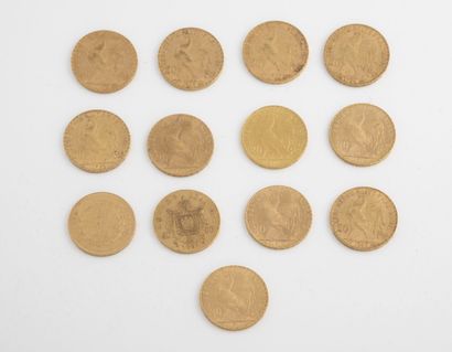 France Lot de treize pièces de 20 francs or,1862 ,1875, Paris,1901, 1905 (X2),1906...